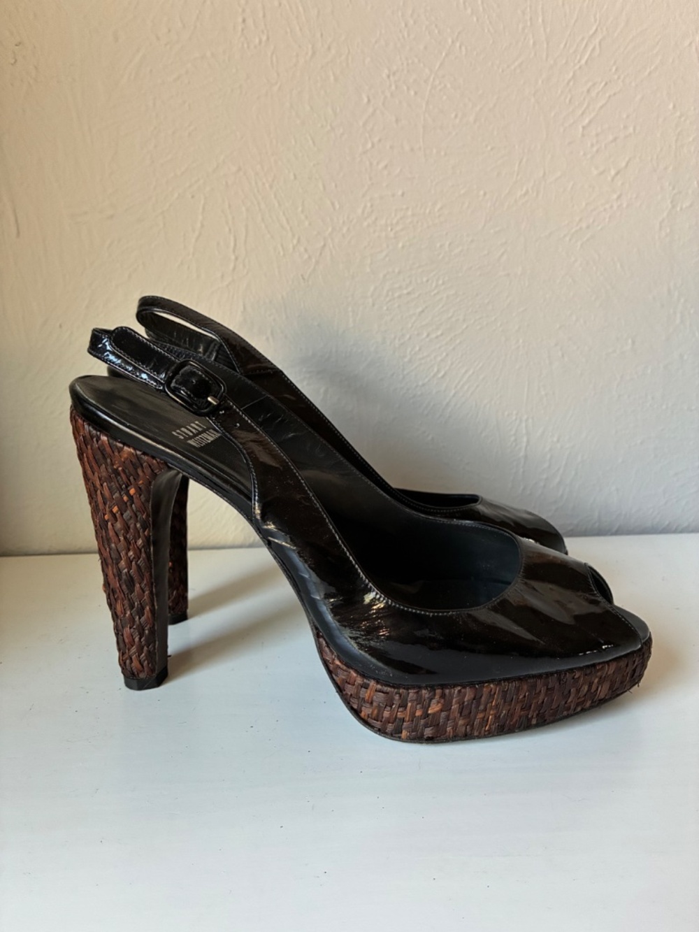 Stuart Weitzman Patent Leather Slingback Platform Heels | Woven Raffia Heel | Si